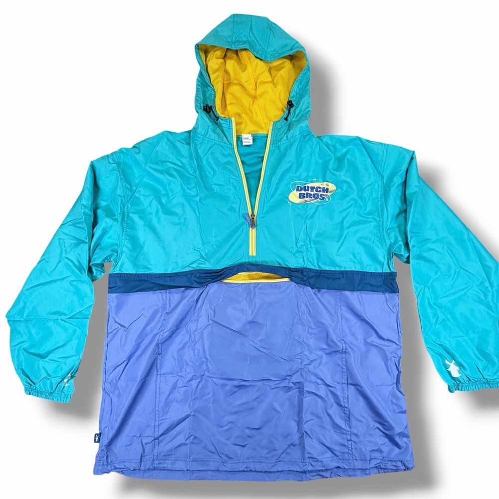 Dutch Bros Jacket Mens 2XL Blue Teal Hooded 1/4 Zip Windbreaker Colorblock Logo